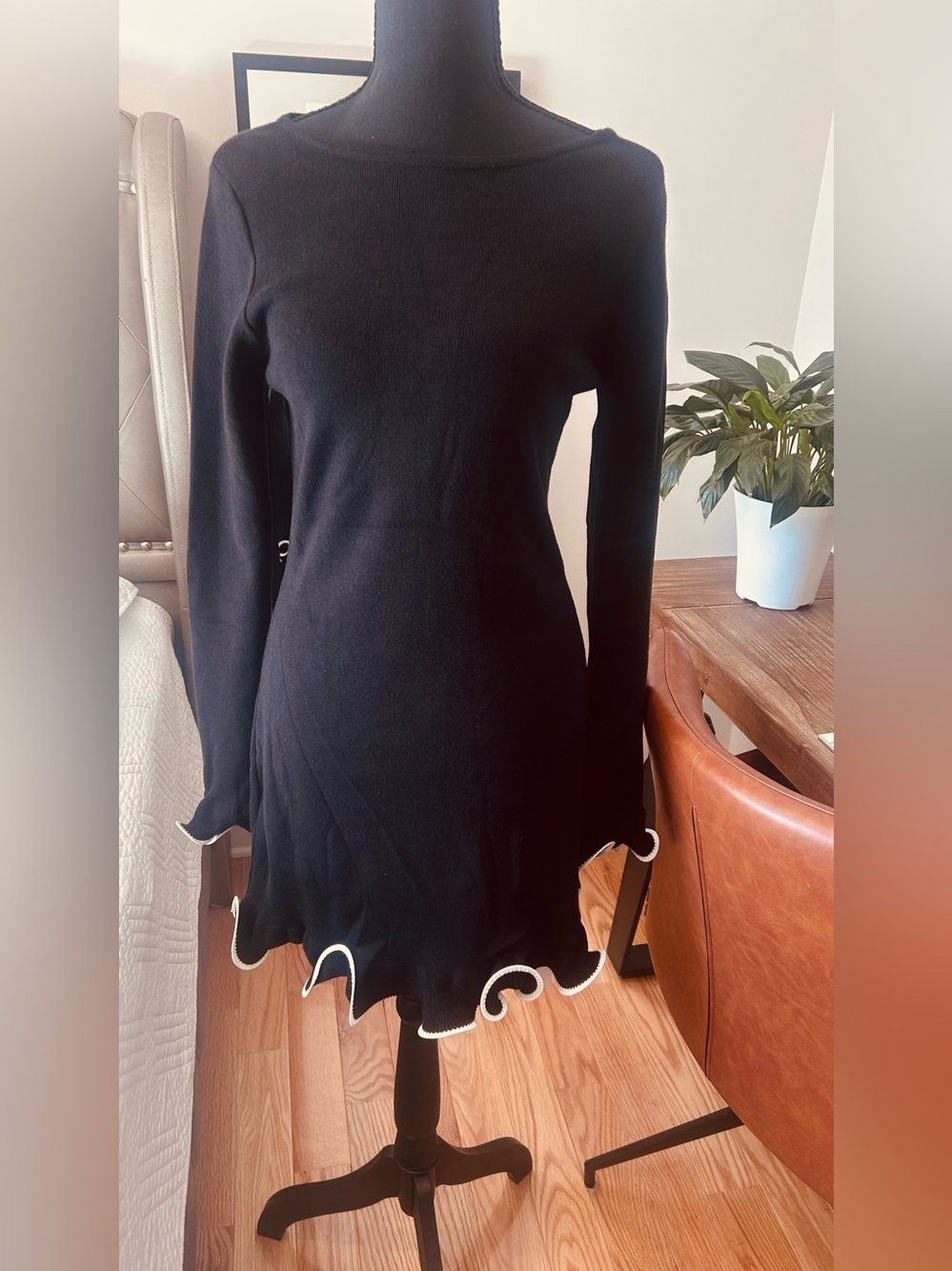 Black Long-Sleeve Ruffle-Hem Knit Dress